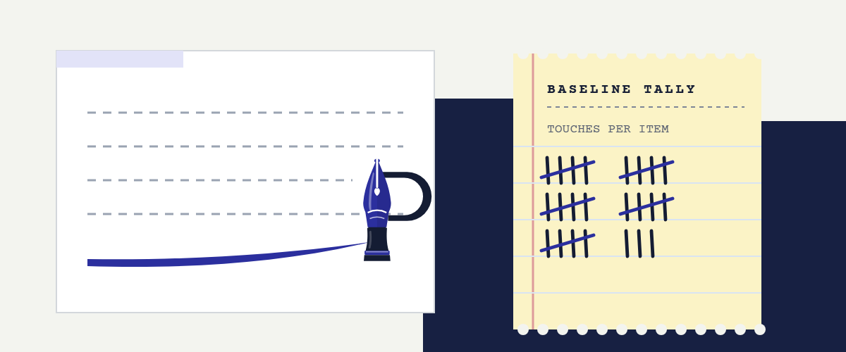 Illustration: a pen draws one solid line under dashed machine lines, beside a legal-pad tally of touches.